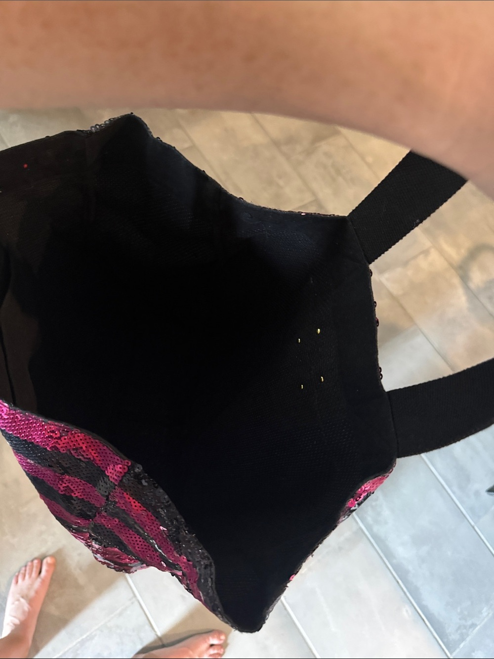 PINK Victoria's Secret Hot Pink and Black Sequin Stripe Tote - Picture 4 of 5